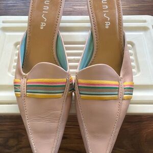 Unisa Pink Pointed-Toe Slip-On Heels – Striped Ribbon Detail, Size 6.5